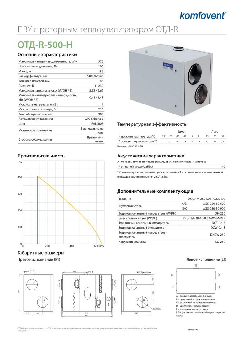 Приточно-вытяжная установка Komfovent ОТД-R-500-H-W/DH (ротор L/A, фильтры M5/M5)